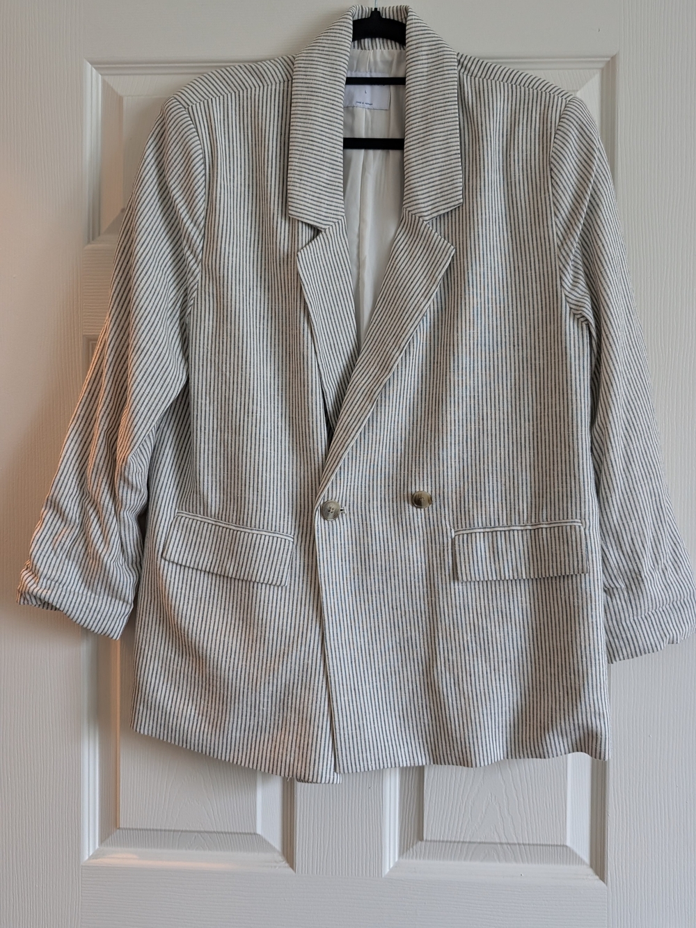 Old Navy Cream and Gray Pinstriped Double-Breasted Blazer